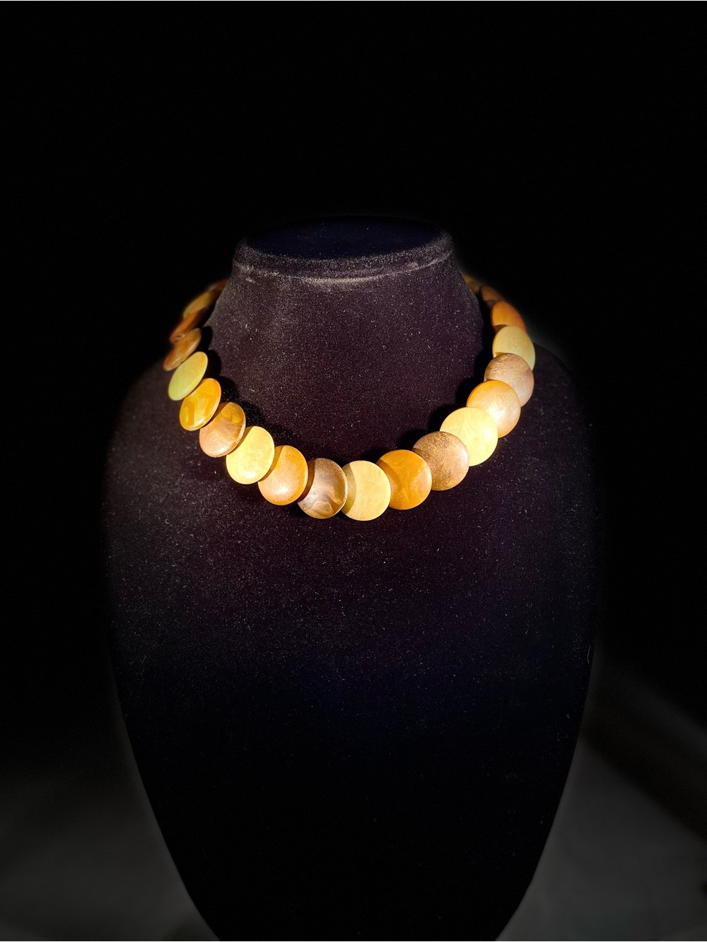 Vintage Polished Wood Tri-Colored Disc Necklace 17” Long